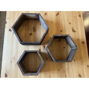 3Pcs Brown Hexagon Wood Shelf Wall Mounted Floating Shelf Display (set 3) NEW!